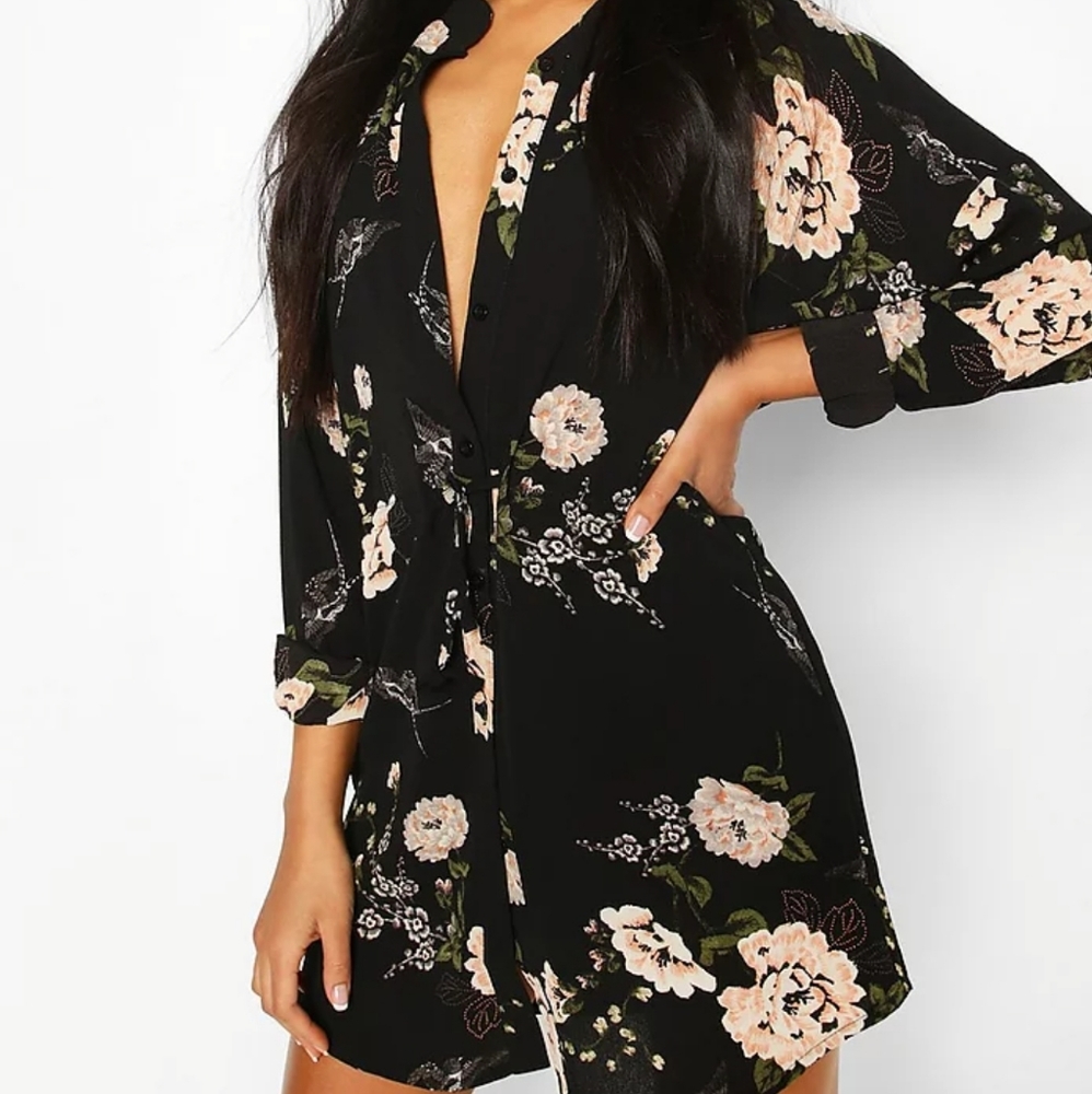 Black floral shirt dress